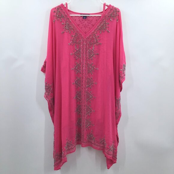 Incredible Women's 30/32 Hand Beaded 2 Piece Pink Boho Tunic Semi-Sheer V-Neck - Picture 2 of 15
